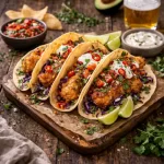 kick-ass fish tacos on a rustic wooden table