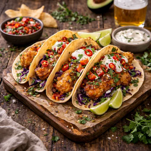 kick-ass fish tacos on a rustic wooden table
