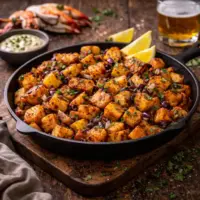 Maryland smoked home fries on rustic wooden table