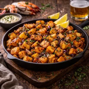 Maryland smoked home fries on rustic wooden table