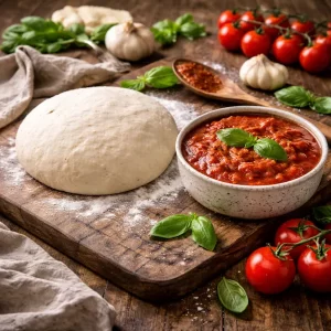 pizza dough recipe on a rustic wooden table