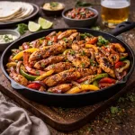 Party-time chicken fajitas on rustic wooden table