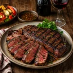 red wine steak served on a rustic wooden table with juicy grilled beef and herbs