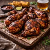 Smoky ballistic BBQ chicken on rustic wooden table