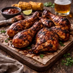 Smoky ballistic BBQ chicken on rustic wooden table