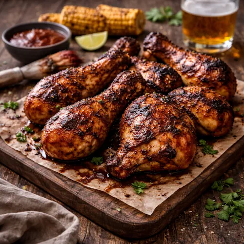 Smoky ballistic BBQ chicken on rustic wooden table