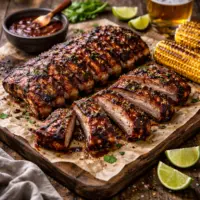 smoky maple chipotle pork ribs on a rustic wooden table