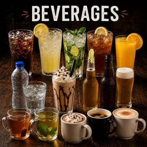 Beverage recipes with refreshing homemade drinks on a rustic wooden table