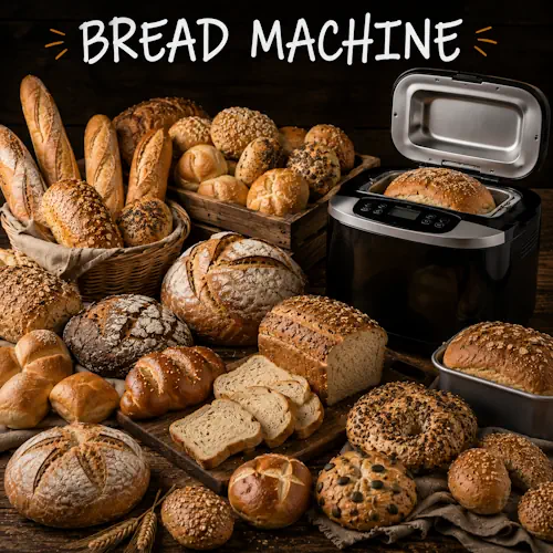 Bread machine recipes with fresh homemade bread on a rustic wooden table