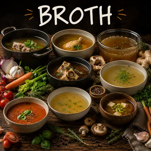 Broth recipes with rich homemade broth on a rustic wooden table