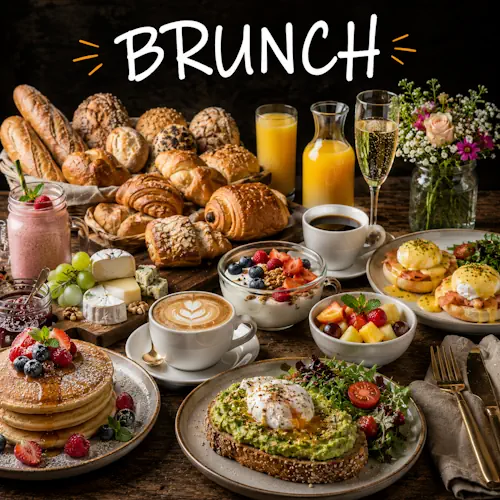 Brunch recipes with fresh homemade brunch dishes on a rustic wooden table