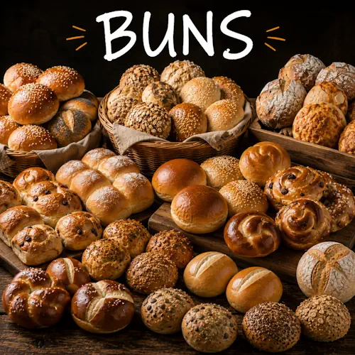Bun recipes with soft homemade buns on a rustic wooden table