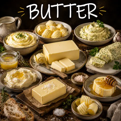 Butter recipes with creamy homemade butter dishes on a rustic wooden table