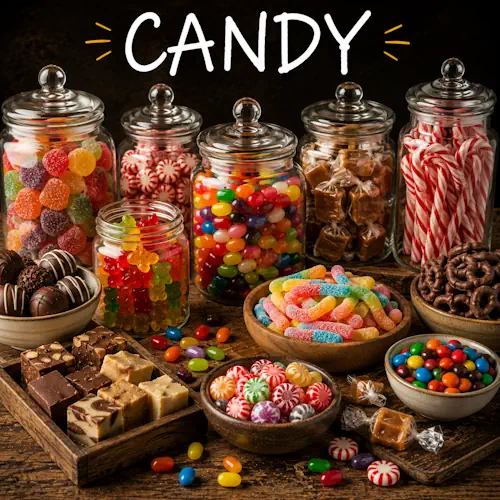 Candy recipes with colorful homemade sweets on a rustic wooden table