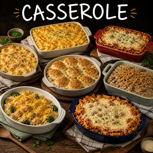 Casserole recipes with warm homemade baked dishes on a rustic wooden table