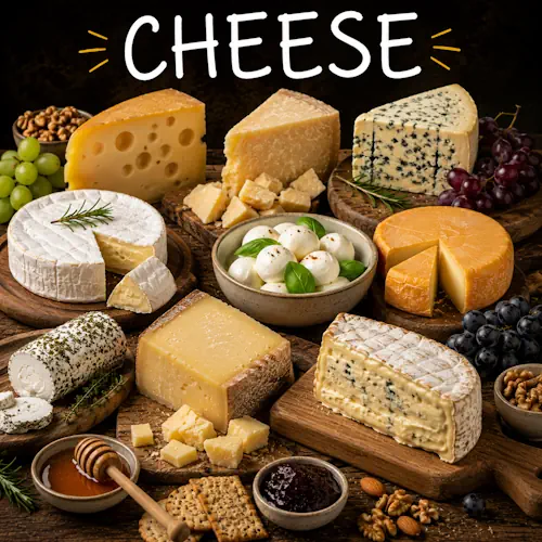 Cheese recipes with creamy homemade cheese dishes on a rustic wooden table