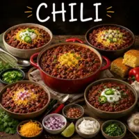 Chili recipes with hearty homemade chili bowls on a rustic wooden table