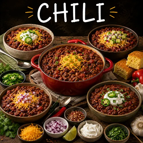 Chili recipes with hearty homemade chili bowls on a rustic wooden table