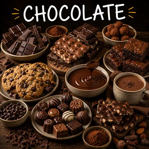 Chocolate recipes with rich homemade chocolate desserts on a rustic wooden table