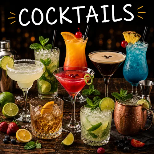 Cocktail recipes with refreshing homemade cocktails on a rustic wooden table