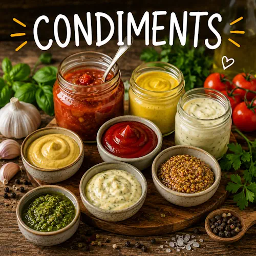 Condiments with homemade sauces and spreads on a rustic wooden table