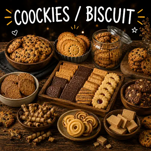 Cookies and biscuits with homemade baked treats on a rustic wooden table