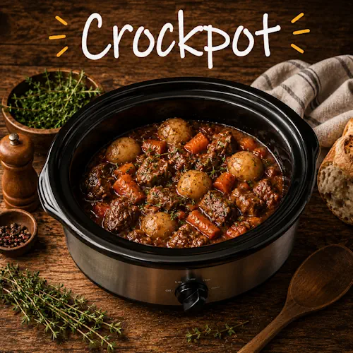 Crockpot recipes with hearty homemade slow-cooked meals on a rustic wooden table