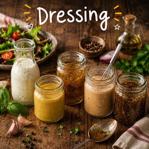 Dressing recipes with homemade salad dressings on a rustic wooden table