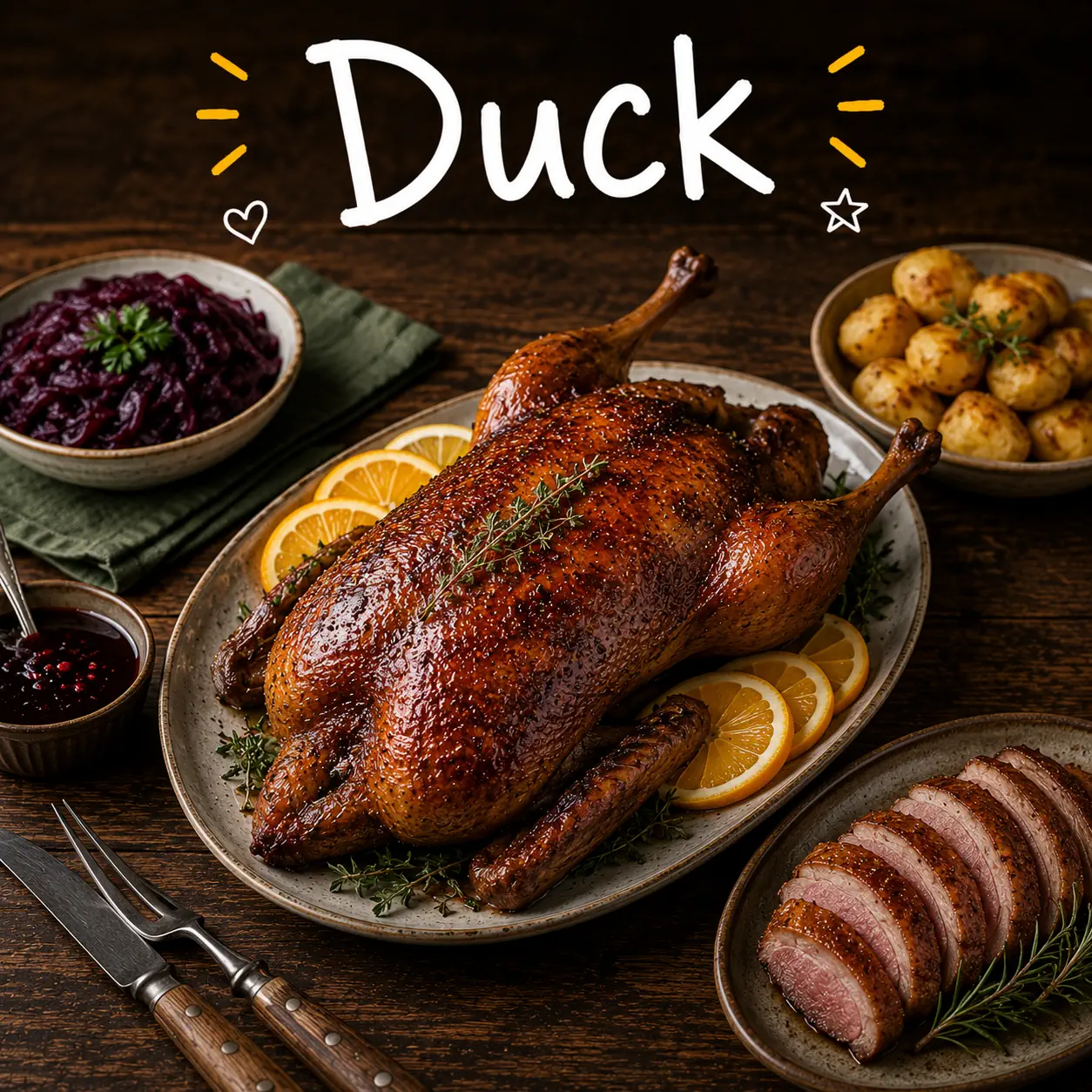Duck recipes with elegant homemade duck dishes on a rustic wooden table