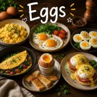 Egg recipes with homemade egg dishes on a rustic wooden table