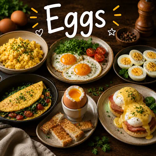 Egg recipes with homemade egg dishes on a rustic wooden table