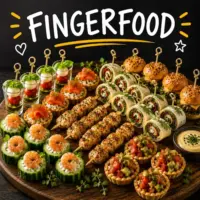 Finger food recipes with homemade party snacks on a rustic wooden table