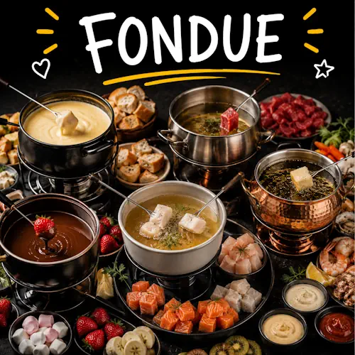 Fondue recipes with homemade fondue dinners on a rustic wooden table