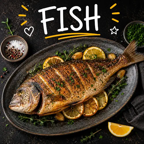 Fish recipes with homemade seafood dishes on a rustic wooden table