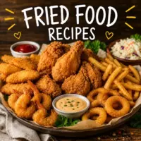 Fried food recipes with homemade crispy comfort food on a rustic wooden table