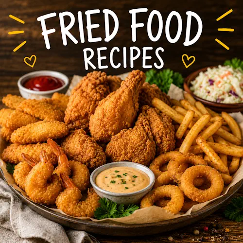 Fried food recipes with homemade crispy comfort food on a rustic wooden table