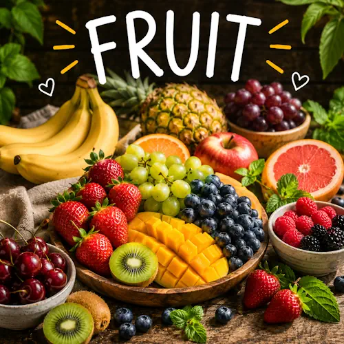Fruit recipes with homemade fruit dishes on a rustic wooden table