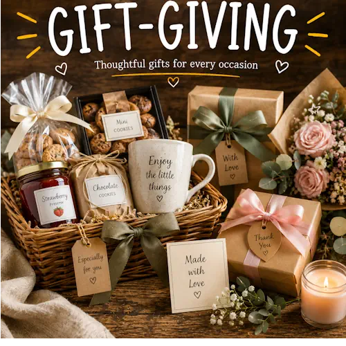 Gift giving ideas with homemade gifts on a rustic wooden table