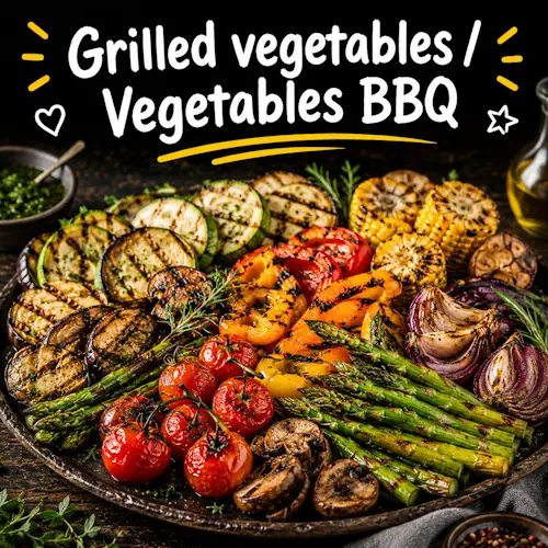 Grilled vegetable recipes with homemade BBQ vegetables and grilled vegetables on a rustic wooden table