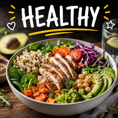 Healthy meal recipes with nutritious homemade meals on a rustic wooden table