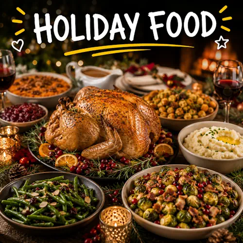 Holiday food recipes with homemade festive meals on a rustic wooden table