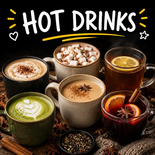 Hot drink recipes with homemade warm beverages on a rustic wooden table