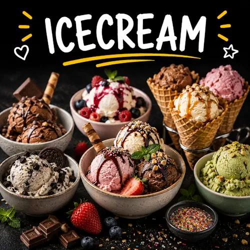 Homemade ice cream recipes with creamy frozen dessert varieties on a rustic wooden table