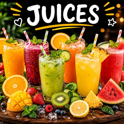 Fresh juices recipes with colorful homemade fruit drinks on a rustic wooden table