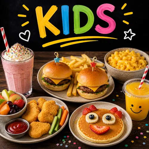 Kids recipes with homemade family meals on a rustic wooden table