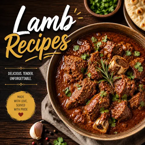 Lamb recipes with homemade lamb dishes on a rustic wooden table