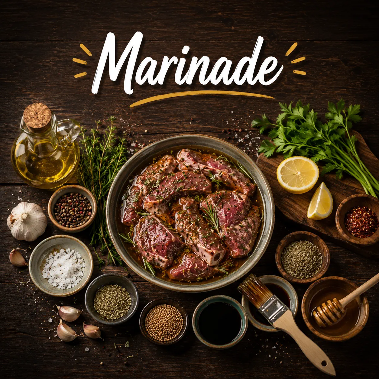 Marinade recipes with homemade flavor combinations on a rustic wooden table