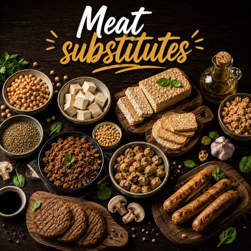 Meat substitute recipes with homemade plant-based meals on a rustic wooden table