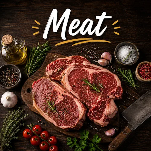 Meat recipes with homemade meat dishes on a rustic wooden table
