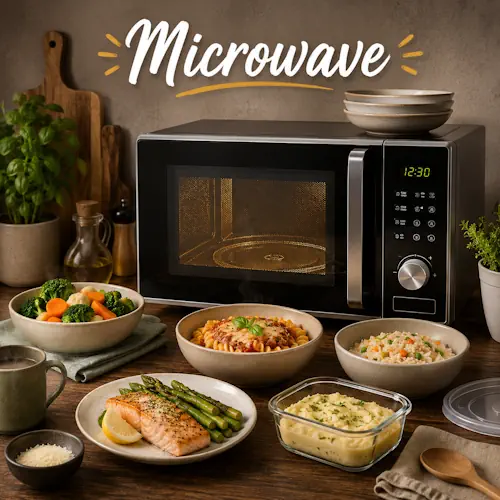 Microwave recipes with homemade quick meals on a rustic wooden table